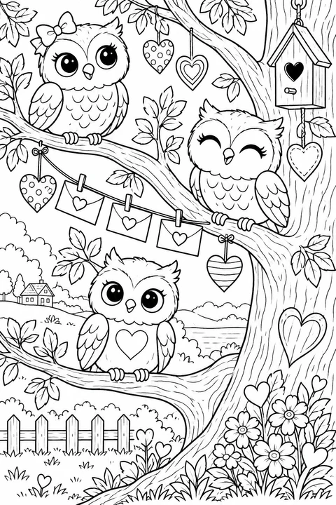 Three owls perch among paper hearts, hanging envelopes and a birdhouse in a leafy tree.
