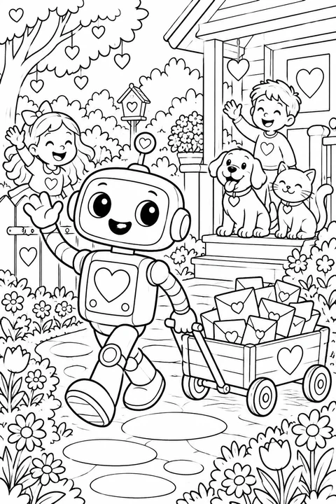 Een vrolijke robot trekt een kar vol enveloppen met hartjes langs twee zwaaiende kinderen en hun huisdieren.