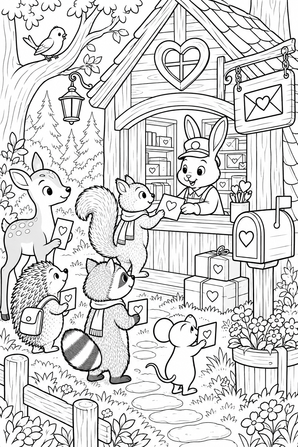 Woodland Valentine Post Office, printable black-and-white coloring illustration.