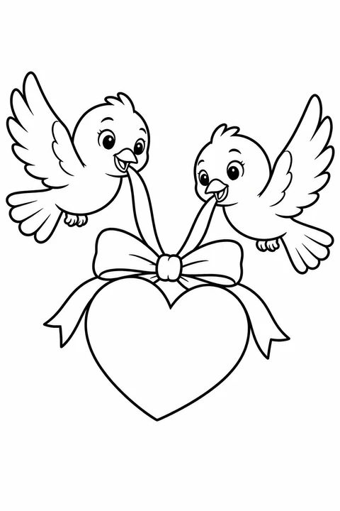 Birds Carrying a Heart, printable black-and-white coloring illustration.