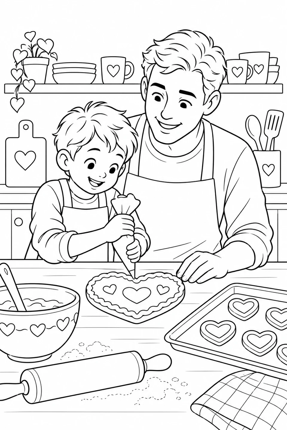 Heart Cookies with Dad, printable black-and-white coloring illustration.