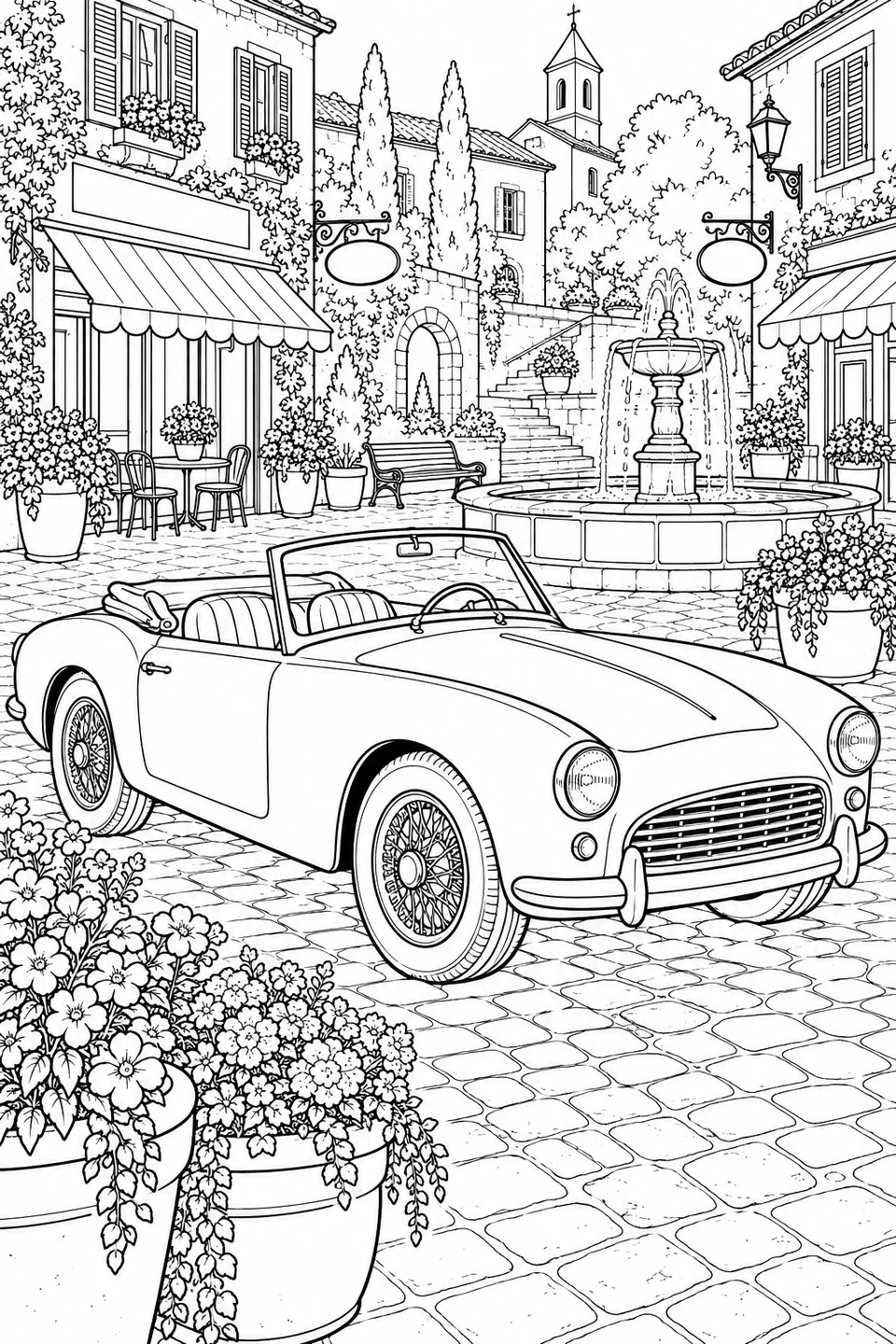 Ein Oldtimer-Cabrio parkt zwischen Blumentöpfen auf einem gepflasterten Platz mit Brunnen und Markisen.