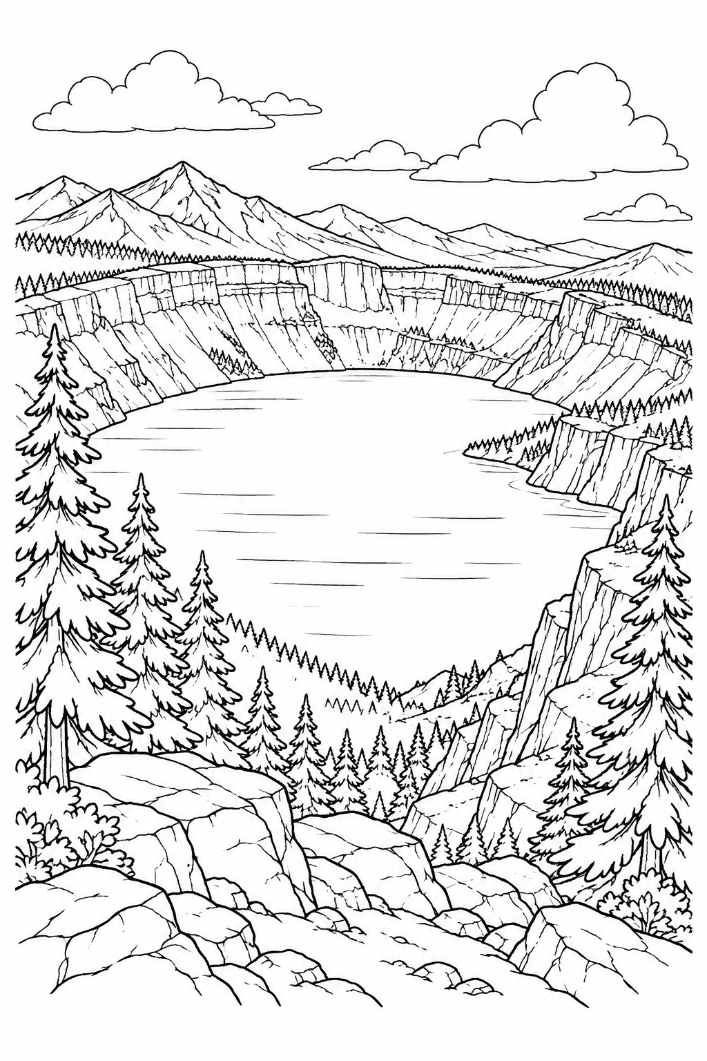 A volcanic crater lake lies among layered cliffs, pine trees and mountains.