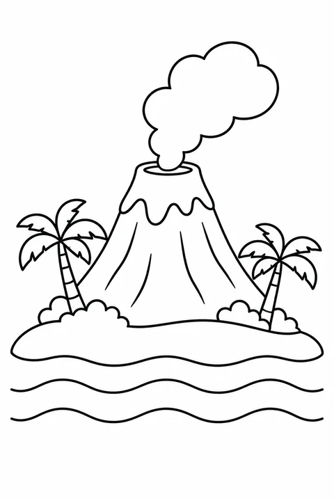 A simple volcano rises between two palms above gentle ocean waves.