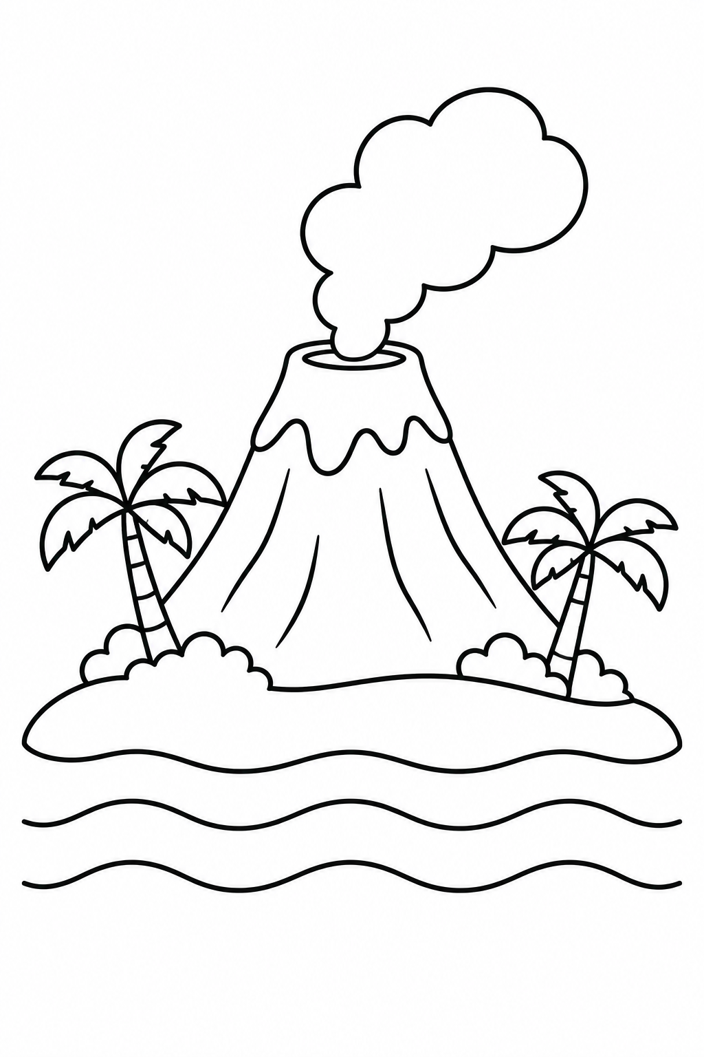 A simple volcano rises between two palms above gentle ocean waves.