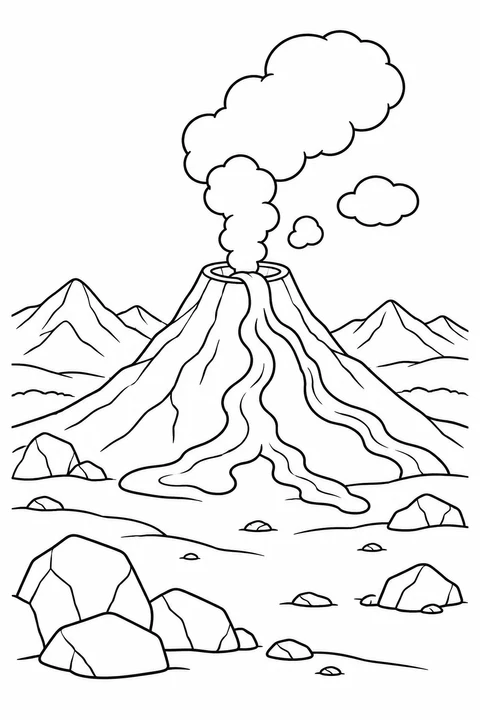 Lava winds down a volcano into an empty rocky landscape.