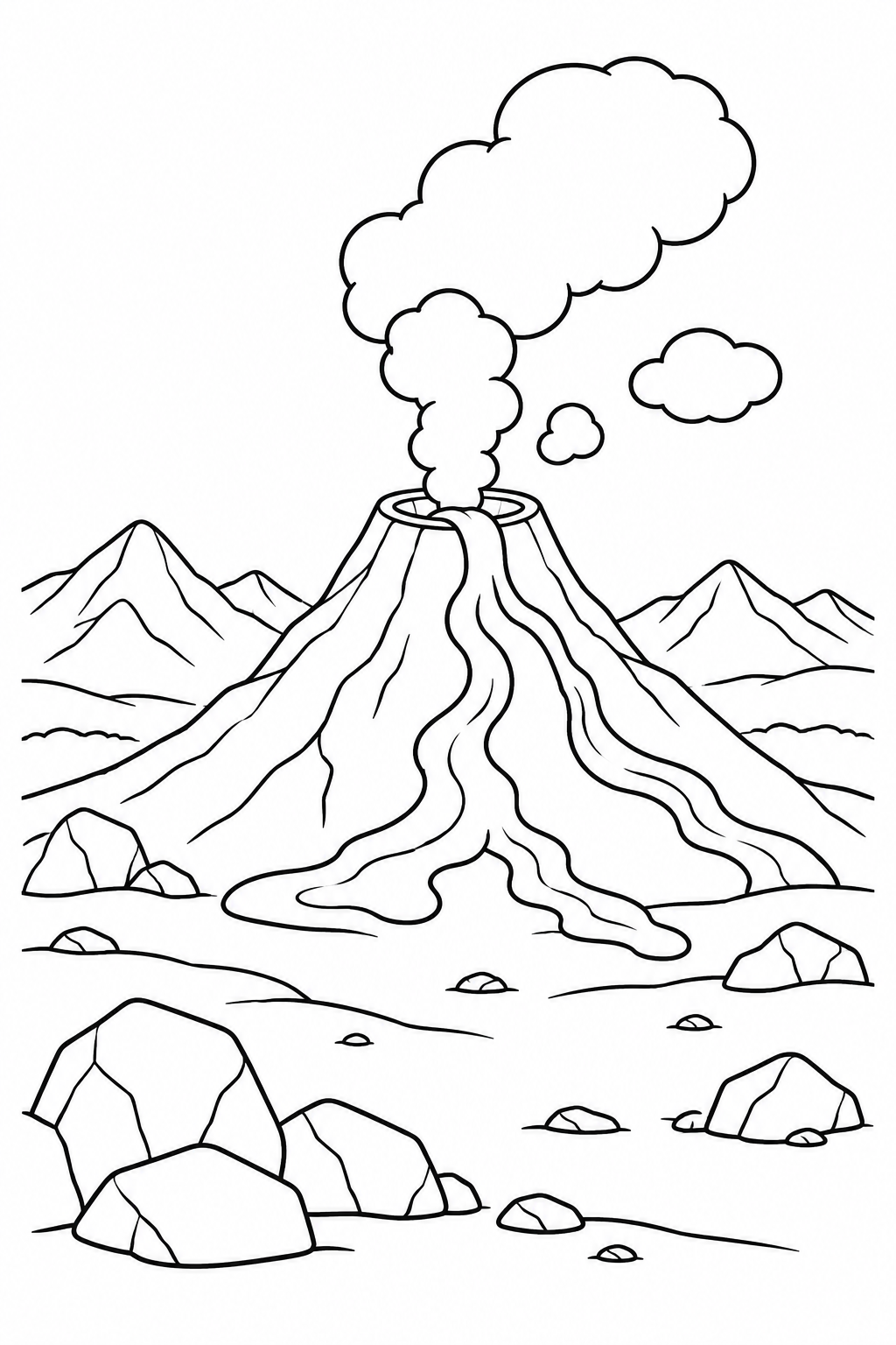 Lava winds down a volcano into an empty rocky landscape.