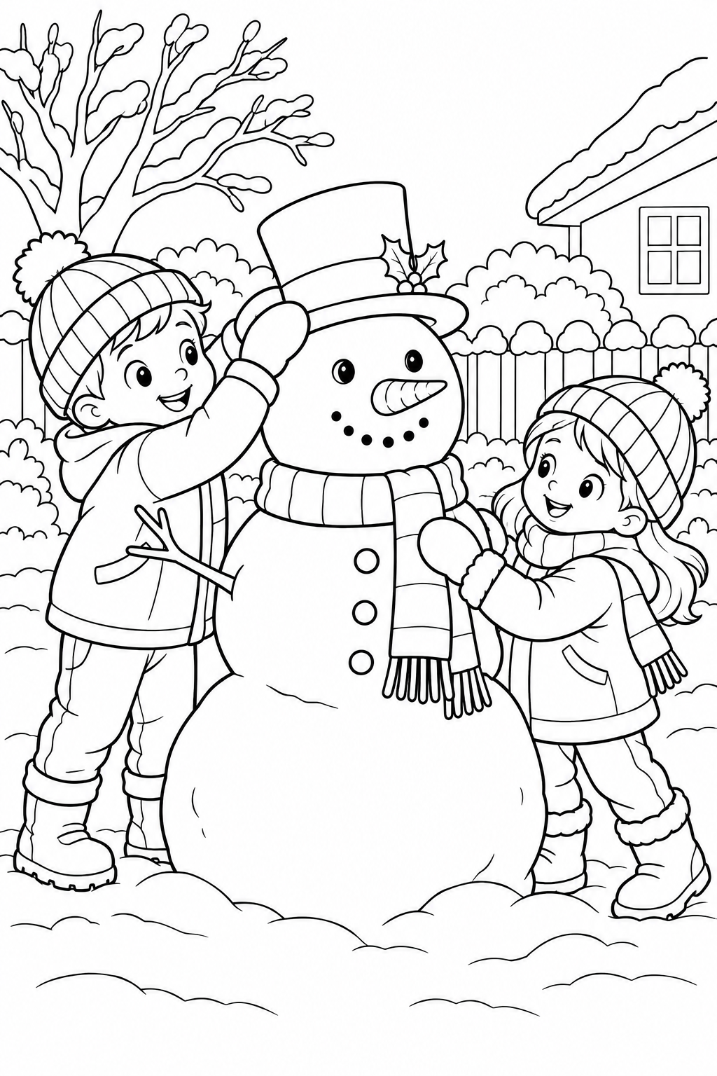 Children in warm winter clothes build a friendly snowman in the garden.