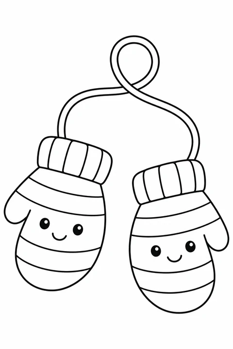 A pair of striped mittens is joined by a curved cord, with broad spaces to color.