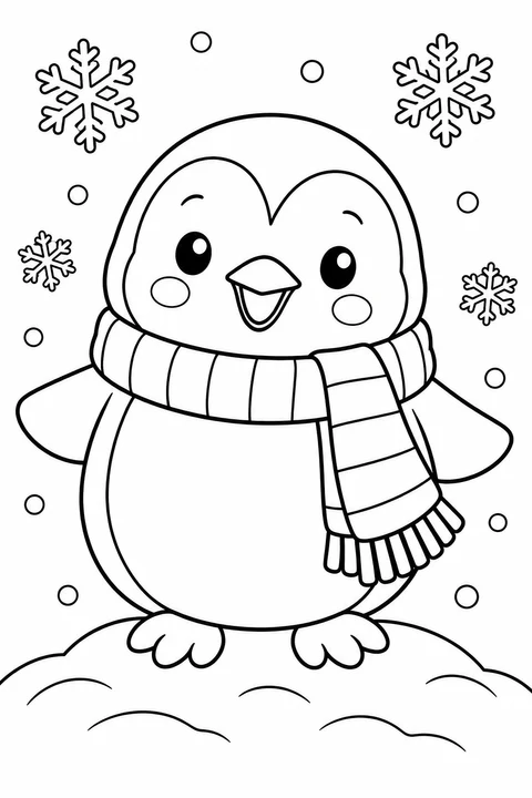A cheerful little penguin wears a striped scarf while standing in the snow.