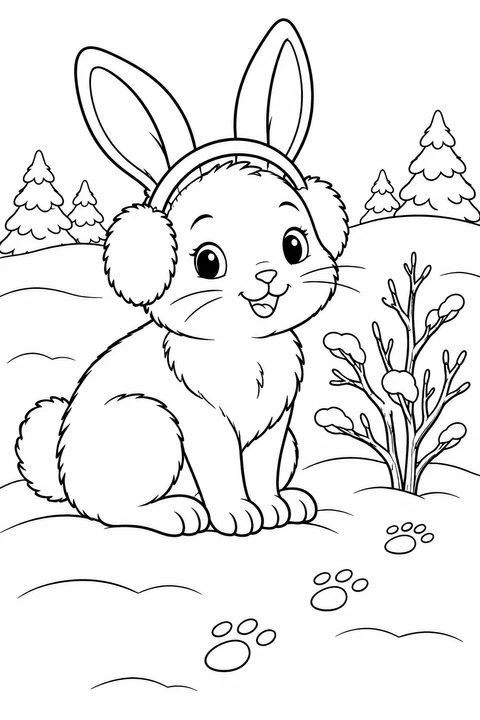 A rabbit wearing earmuffs sits beside a bare bush and little tracks in the snow.