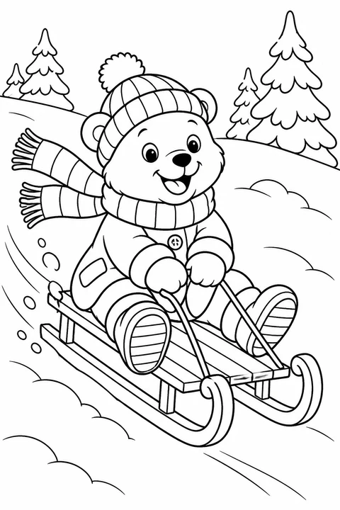 A cheerful bear in warm clothes rides a wooden sled down a gentle snowy slope.