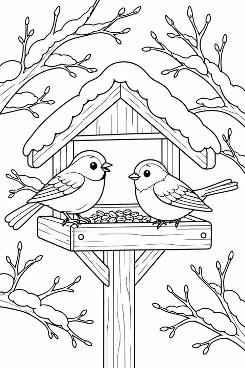 Little birds visit a wooden feeder with snow on its roof, surrounded by bare branches.