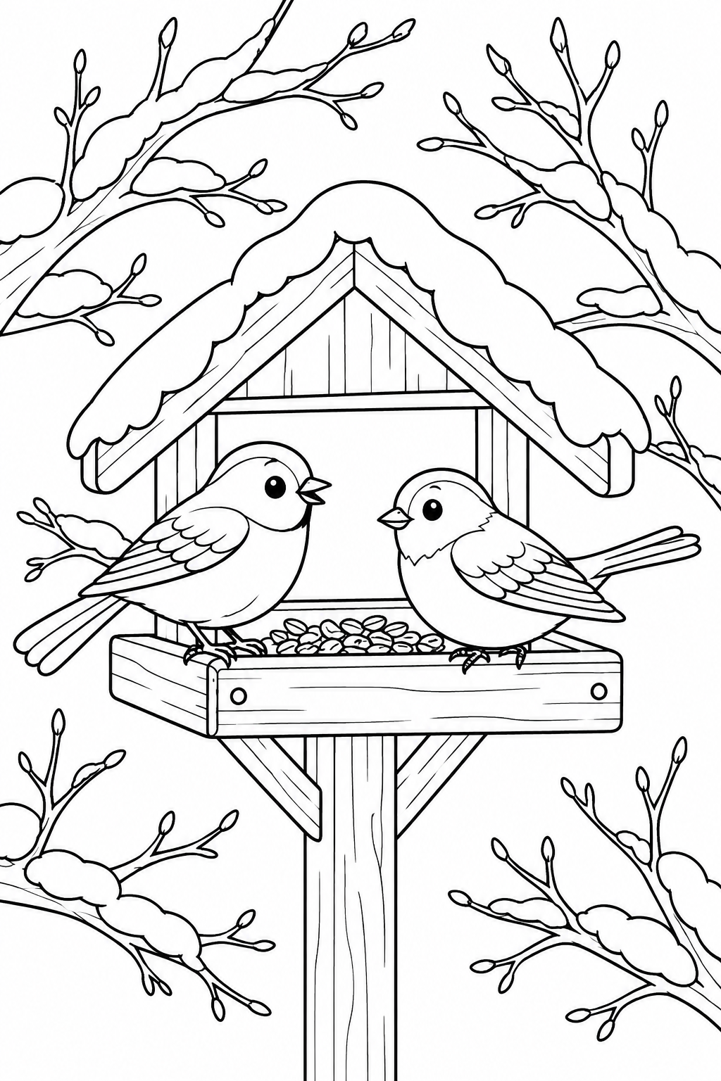 Little birds visit a wooden feeder with snow on its roof, surrounded by bare branches.