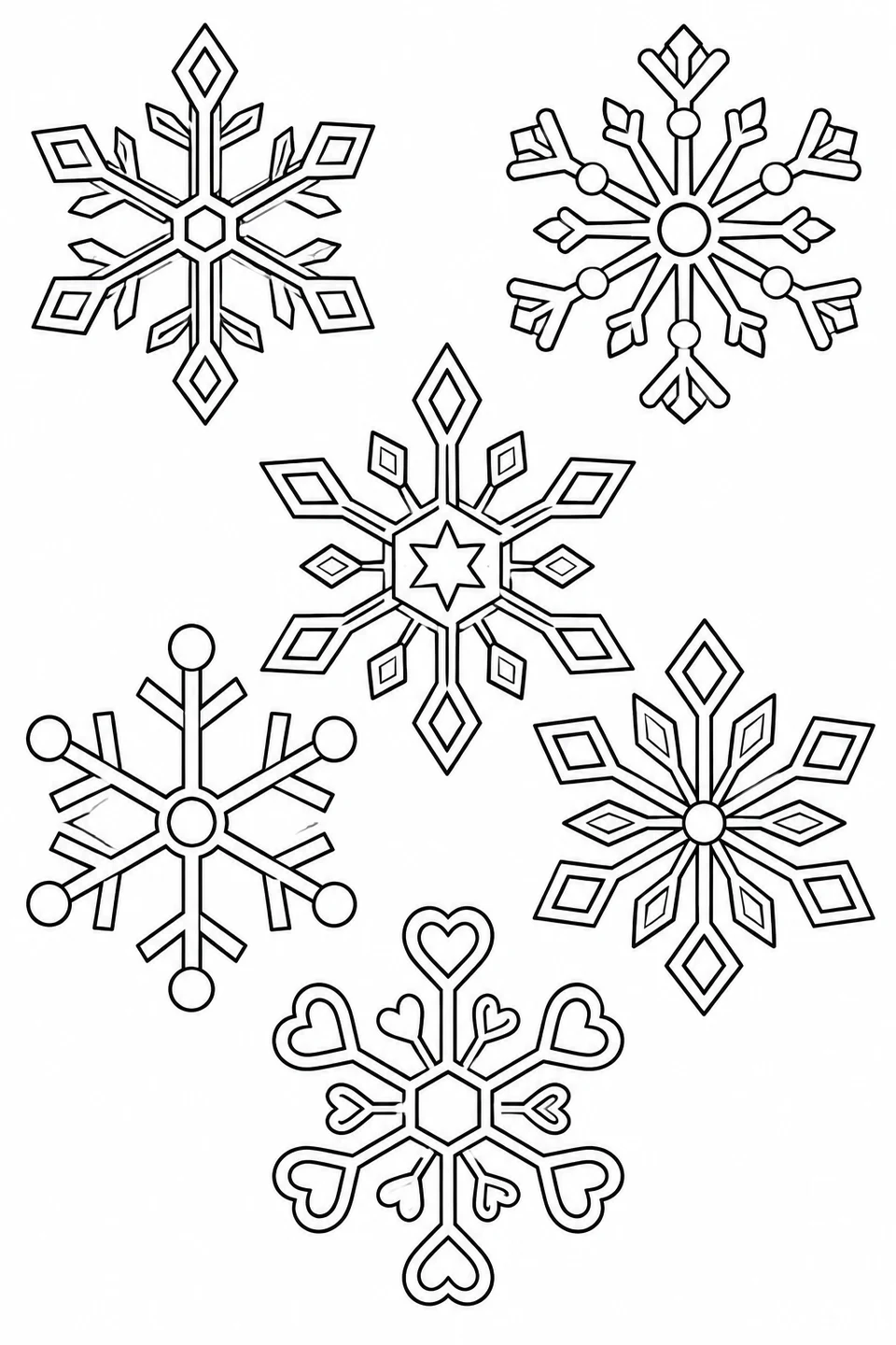 Different geometric snowflakes have outlined shapes ready for winter colors.