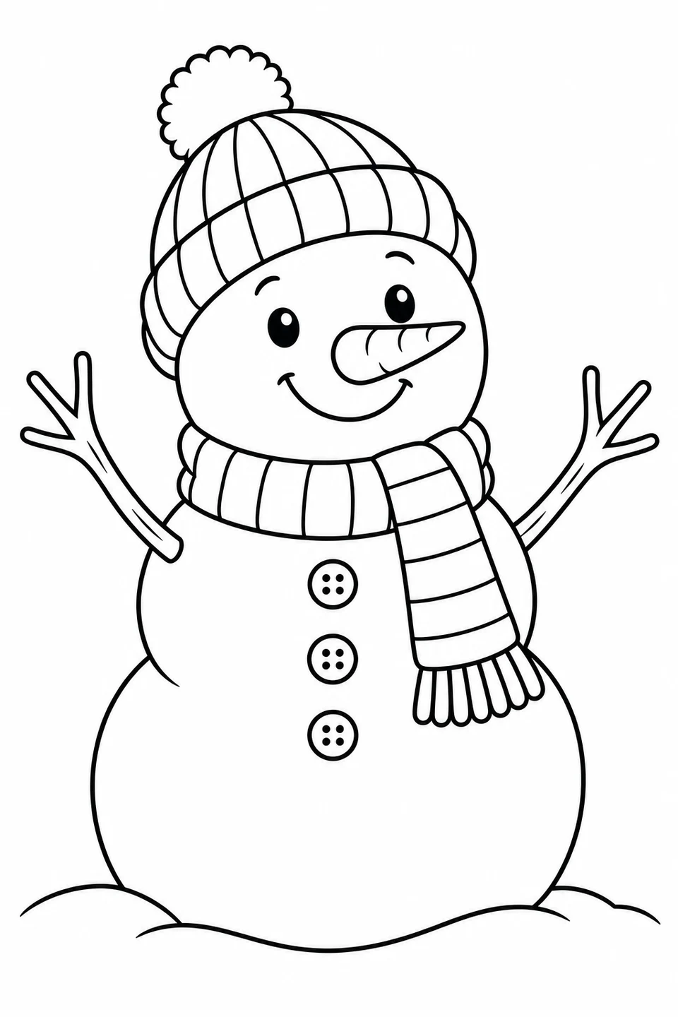 A friendly snowman wears a knitted hat and scarf on a little mound of snow.