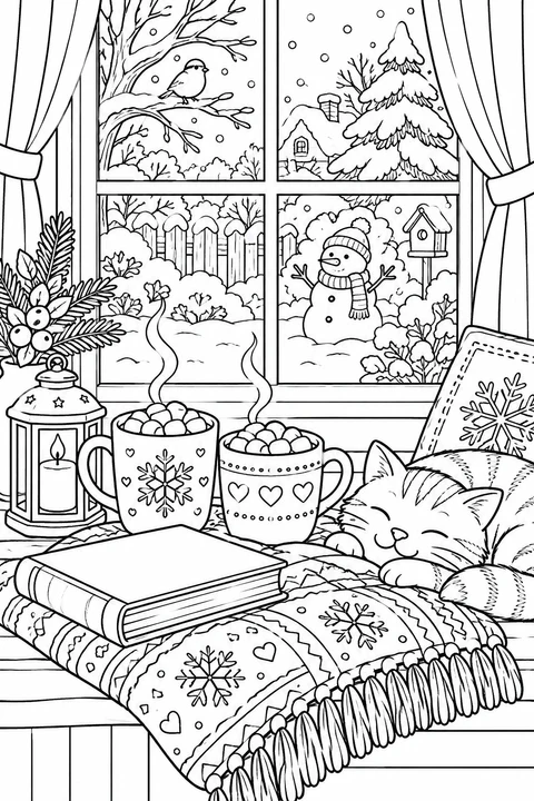 Mugs with marshmallows, a blanket and a book sit by a window overlooking a snowy garden.