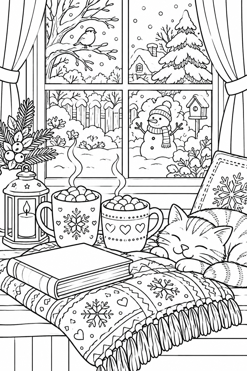 Mugs with marshmallows, a blanket and a book sit by a window overlooking a snowy garden.