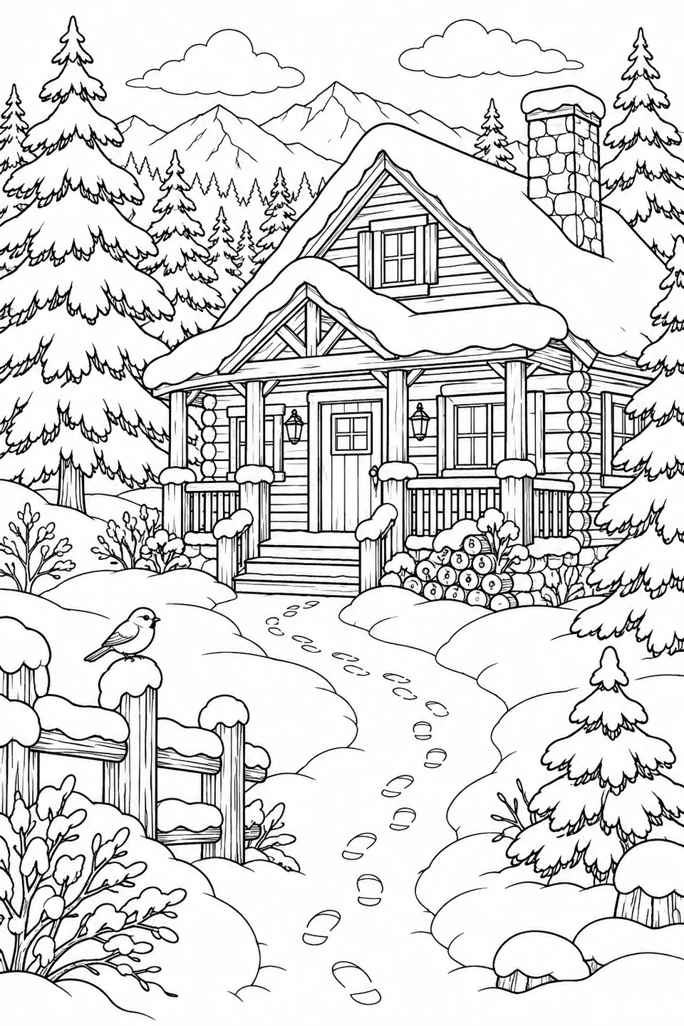 A wooden cabin has a snowy roof, stacked logs and a path of footprints among fir trees.