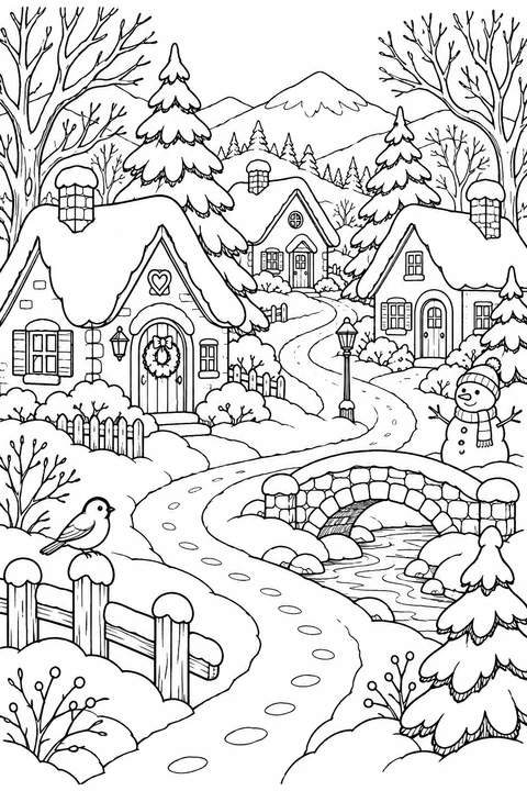Small houses, snow-covered roofs and bare trees line a winding village path.