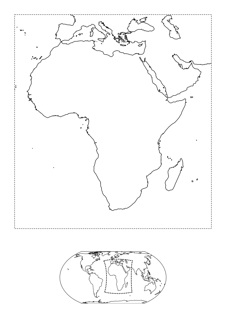 Afrika en Madagaskar staan centraal, met daarnaast delen van het Middellandse Zeegebied en het Arabisch Schiereiland. De kleine wereldkaart eronder laat zien waar dit kaartbeeld ligt. Gestippelde lijnen geven de rand van het kaartbeeld aan, geen kusten of landsgrenzen.