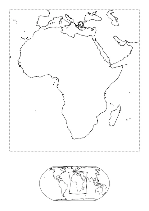 Afrika en Madagaskar staan centraal, met daarnaast delen van het Middellandse Zeegebied en het Arabisch Schiereiland. De kleine wereldkaart eronder laat zien waar dit kaartbeeld ligt. Gestippelde lijnen geven de rand van het kaartbeeld aan, geen kusten of landsgrenzen.
