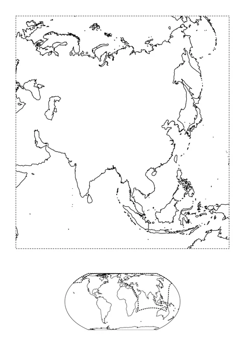 Deze ruime blik op Azië toont de kusten van India, Japan en Zuidoost-Azië, samen met omliggend land. De kleine wereldkaart eronder laat zien waar dit kaartbeeld ligt. Gestippelde lijnen geven de rand van het kaartbeeld aan, geen kusten of landsgrenzen.