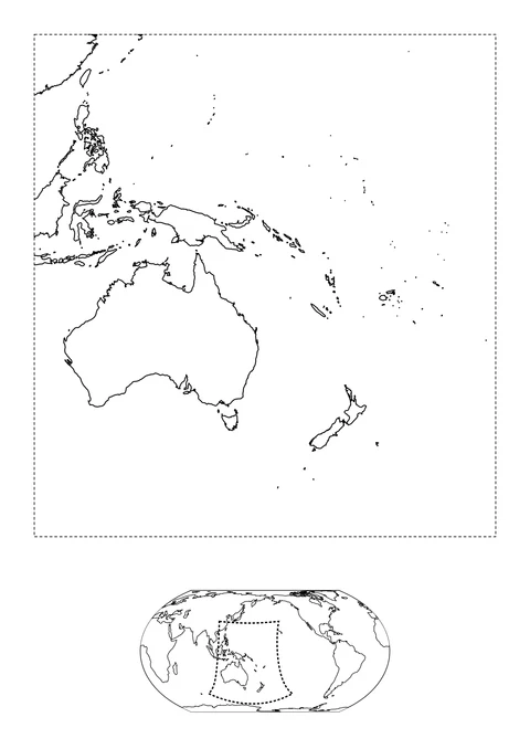 Australië, Nieuw-Zeeland en Nieuw-Guinea liggen tussen de eilanden en het uitgestrekte water van de westelijke Stille Oceaan. De kleine wereldkaart eronder laat zien waar dit kaartbeeld ligt. Gestippelde lijnen geven de rand van het kaartbeeld aan, geen kusten of landsgrenzen.