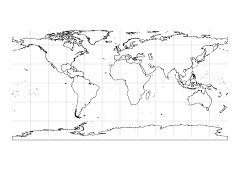 An unlabeled world map with more small islands and a latitude and longitude grid.