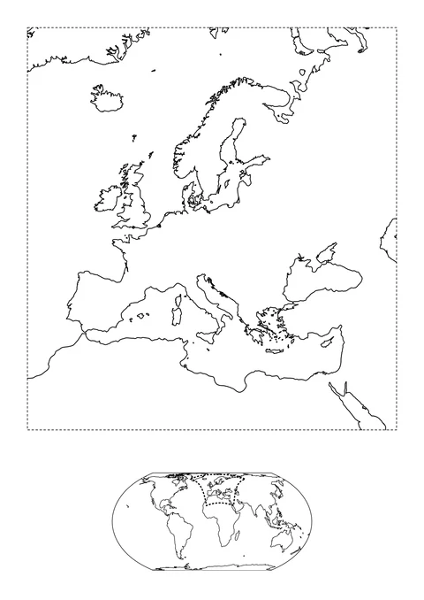 De Europese kust loopt van de Noord-Atlantische Oceaan tot de Middellandse Zee. Ook omliggend land is zichtbaar. De kleine wereldkaart eronder laat zien waar dit kaartbeeld ligt. Gestippelde lijnen geven de rand van het kaartbeeld aan, geen kusten of landsgrenzen.