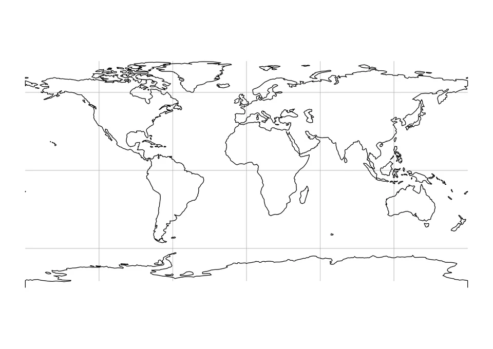 An unlabeled world coastline map with a sparse latitude and longitude grid.