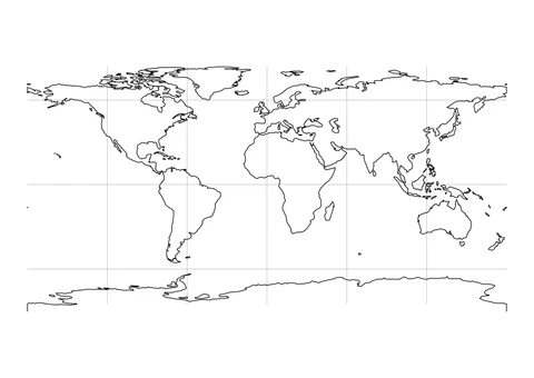 An unlabeled world coastline map with a sparse latitude and longitude grid.