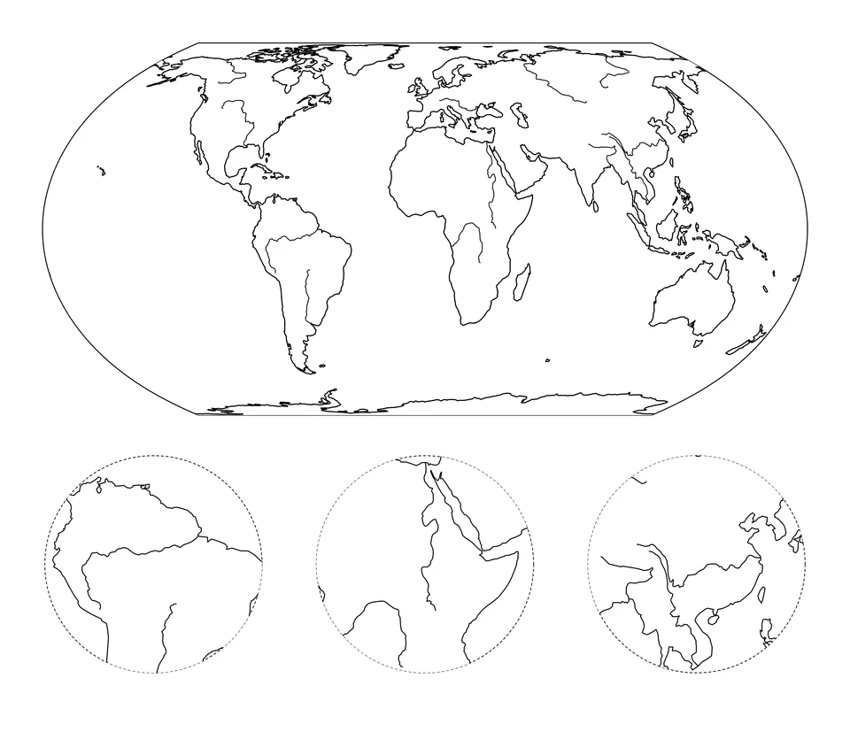 Een selectie van rivieren loopt over de wereldkaart. Drie ronde vergrotingen tonen delen van de gebieden rond de Amazone, de Nijl en de Jangtse. Gestippelde lijnen geven de randen aan.