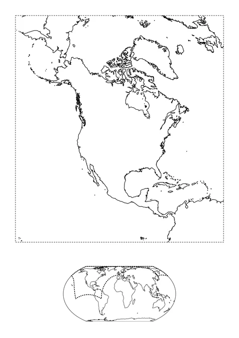 De grote kaart toont Noord-Amerika, samen met Groenland, Midden-Amerika en nabijgelegen eilanden. De kleine wereldkaart eronder laat zien waar dit kaartbeeld ligt. Gestippelde lijnen geven de rand van het kaartbeeld aan, geen kusten of landsgrenzen.