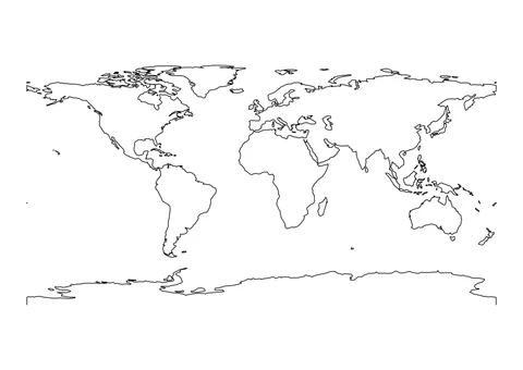 An unlabeled outline of the world's land and major islands, based on Natural Earth map data.