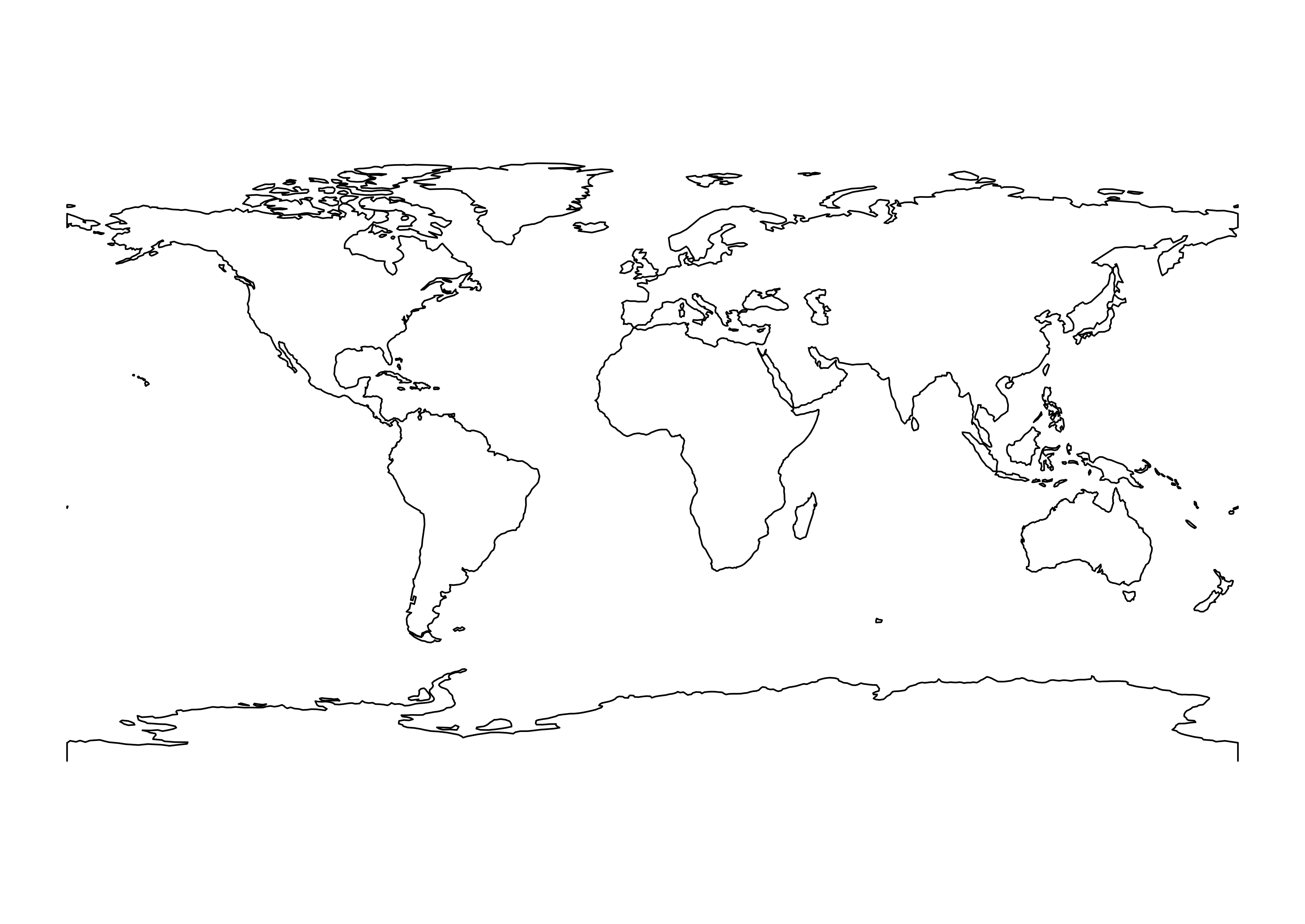 An unlabeled outline of the world's land and major islands, based on Natural Earth map data.