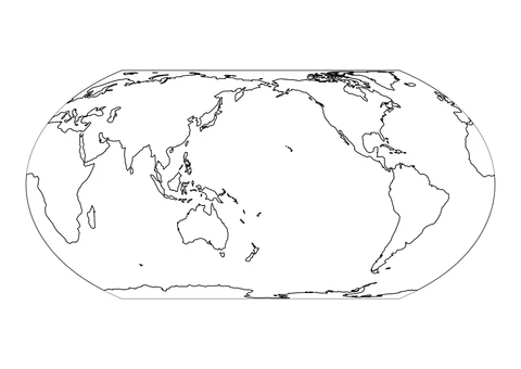 De Stille Oceaan ligt midden op deze wereldkaart, met Azië en Australië links en Noord- en Zuid-Amerika rechts.