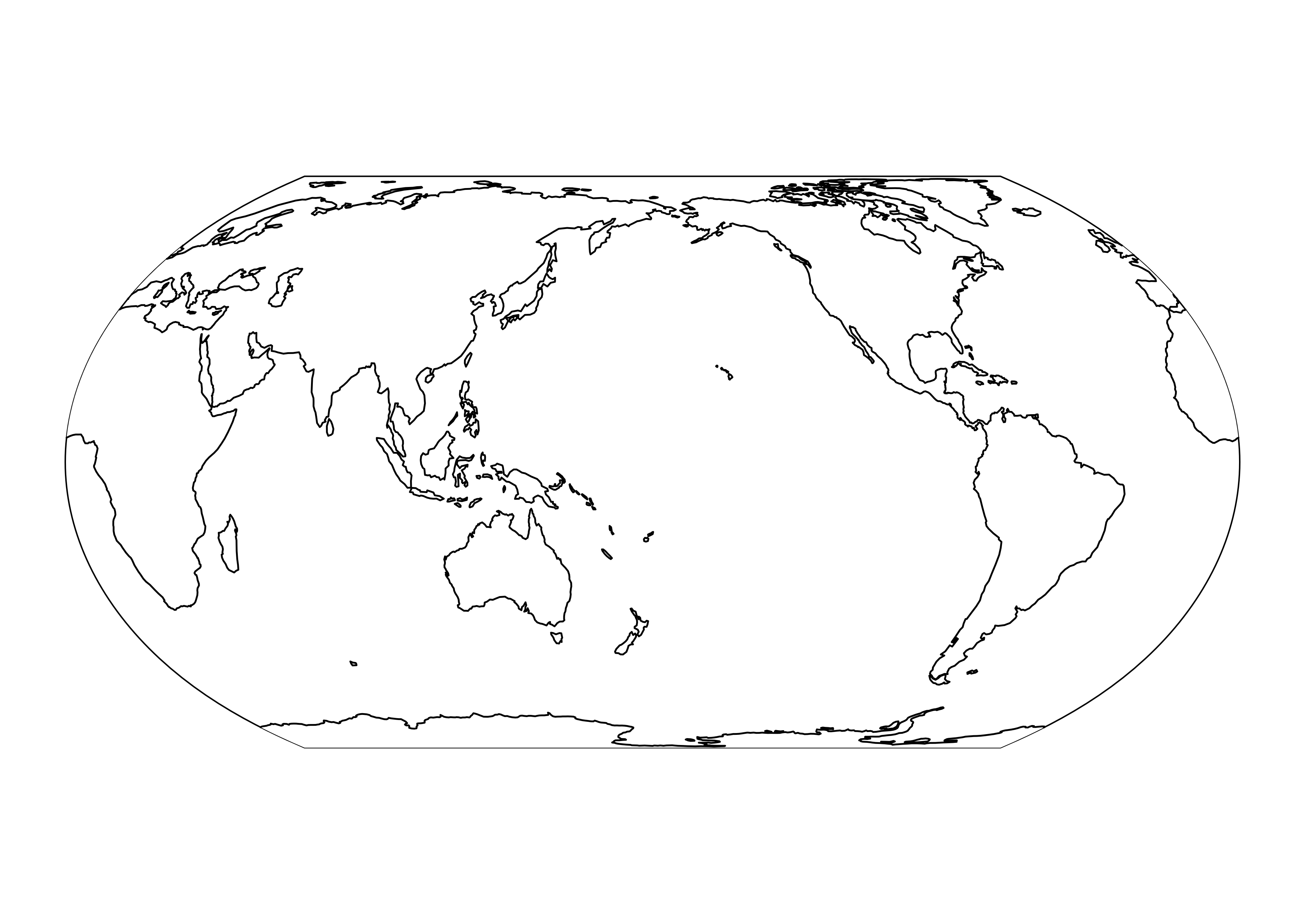 De Stille Oceaan ligt midden op deze wereldkaart, met Azië en Australië links en Noord- en Zuid-Amerika rechts.