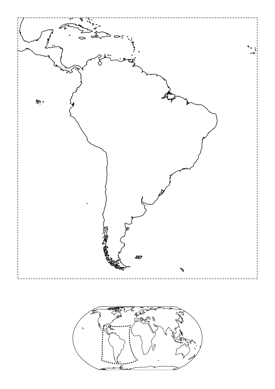 De kusten van de Stille en Atlantische Oceaan omlijnen Zuid-Amerika. Ook de zuidpunt is helemaal zichtbaar. De kleine wereldkaart eronder laat zien waar dit kaartbeeld ligt. Gestippelde lijnen geven de rand van het kaartbeeld aan, geen kusten of landsgrenzen.
