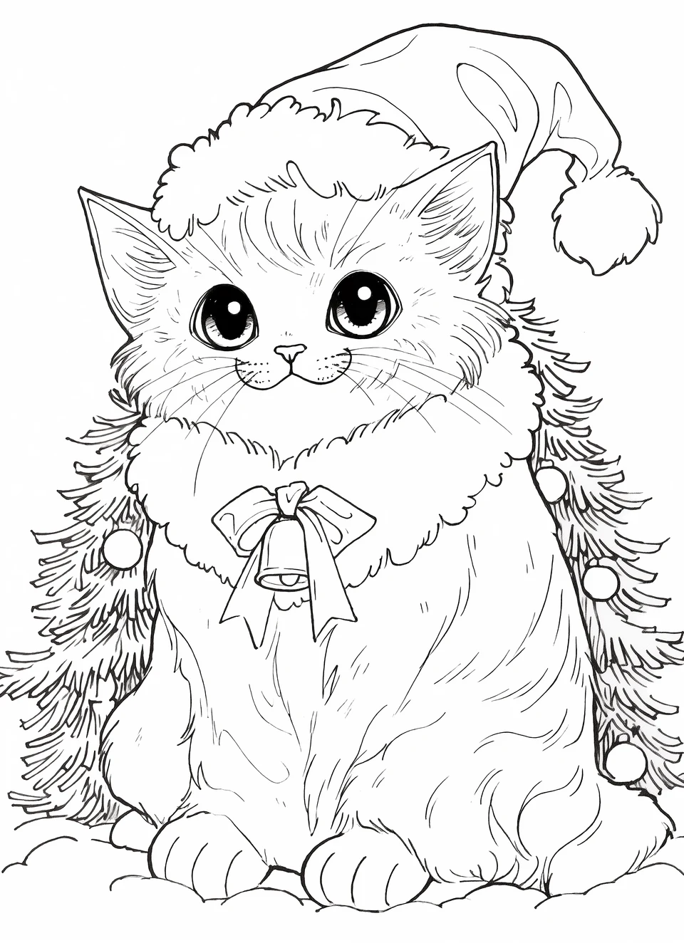 A kitten wears a festive hat and a bow with a bell, with fir branches behind it.