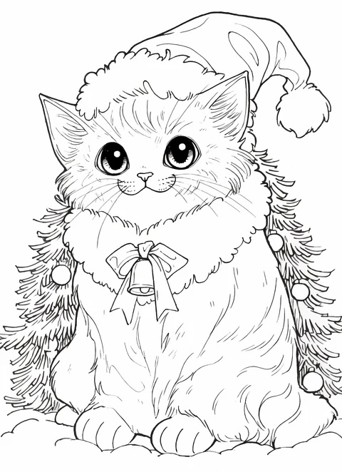 A kitten wears a festive hat and a bow with a bell, with fir branches behind it.