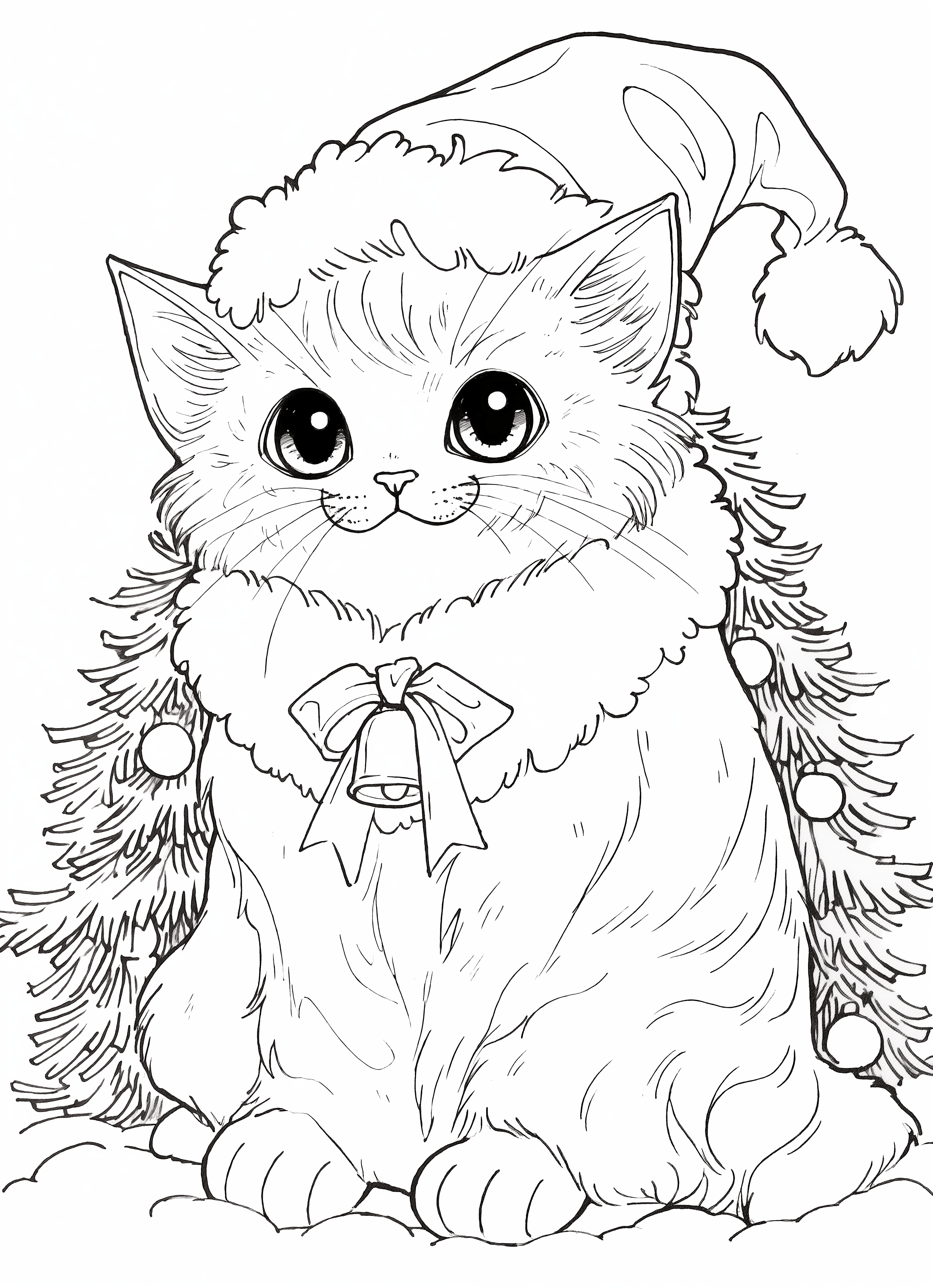 A kitten wears a festive hat and a bow with a bell, with fir branches behind it.