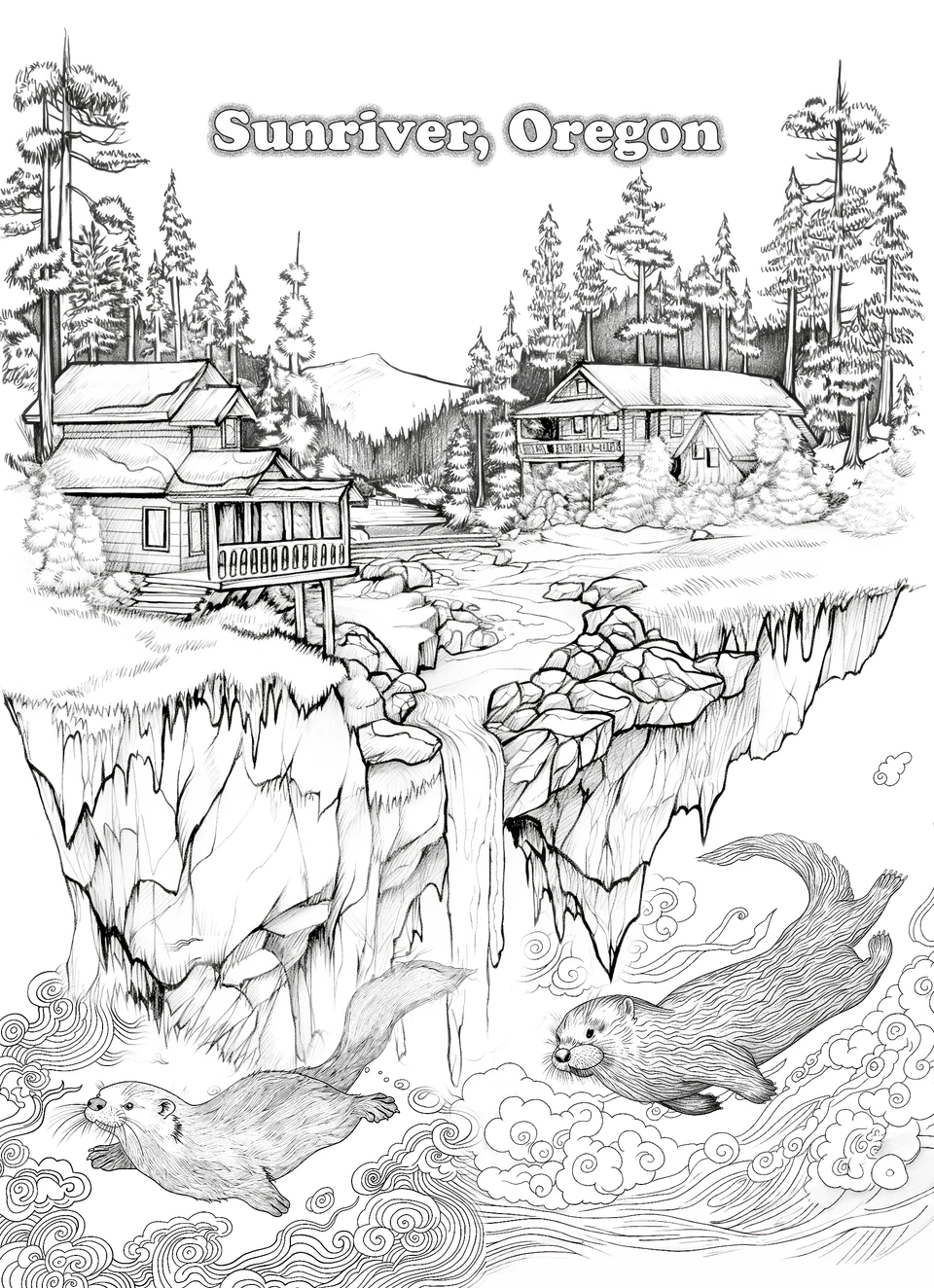 Houses and trees stand on floating cliffs above otters and swirling water. The image includes the place name “Sunriver, Oregon”.