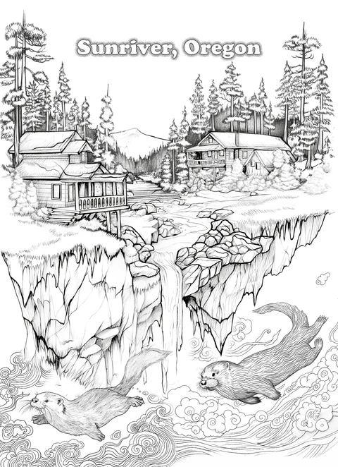 Houses and trees stand on floating cliffs above otters and swirling water. The image includes the place name “Sunriver, Oregon”.