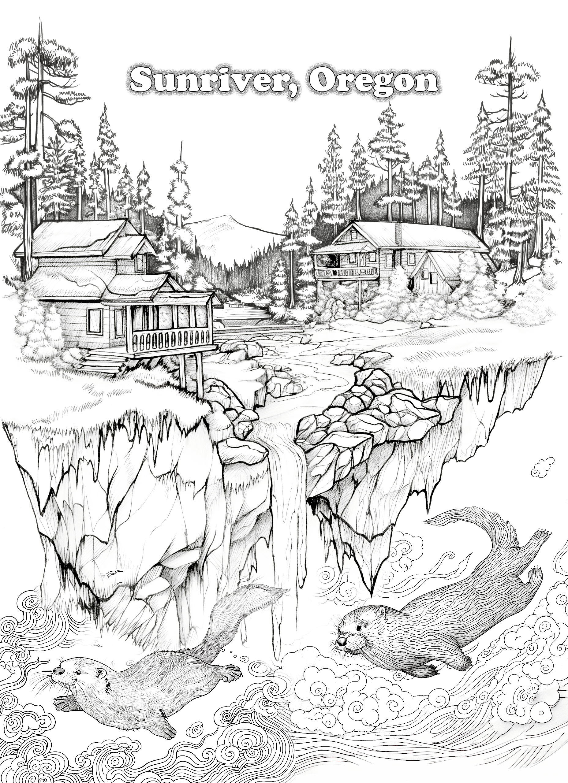 Houses and trees stand on floating cliffs above otters and swirling water. The image includes the place name “Sunriver, Oregon”.
