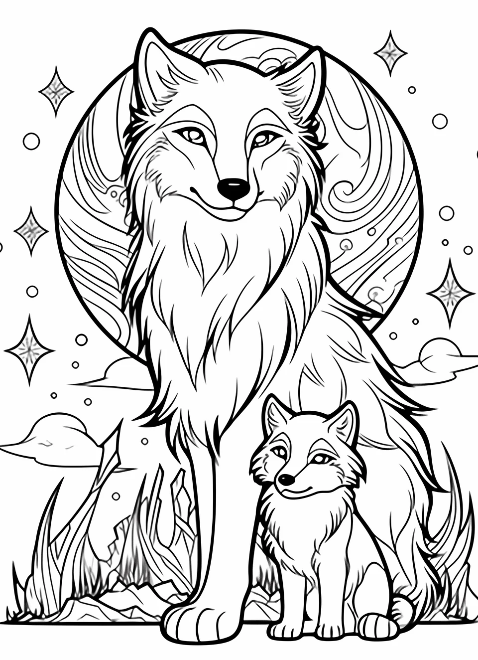 A wolf and a small pup sit beneath a round sky motif with clouds and stars.
