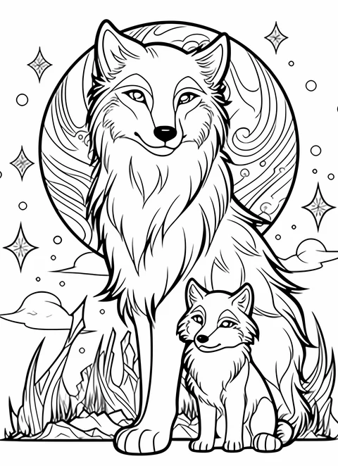 A wolf and a small pup sit beneath a round sky motif with clouds and stars.