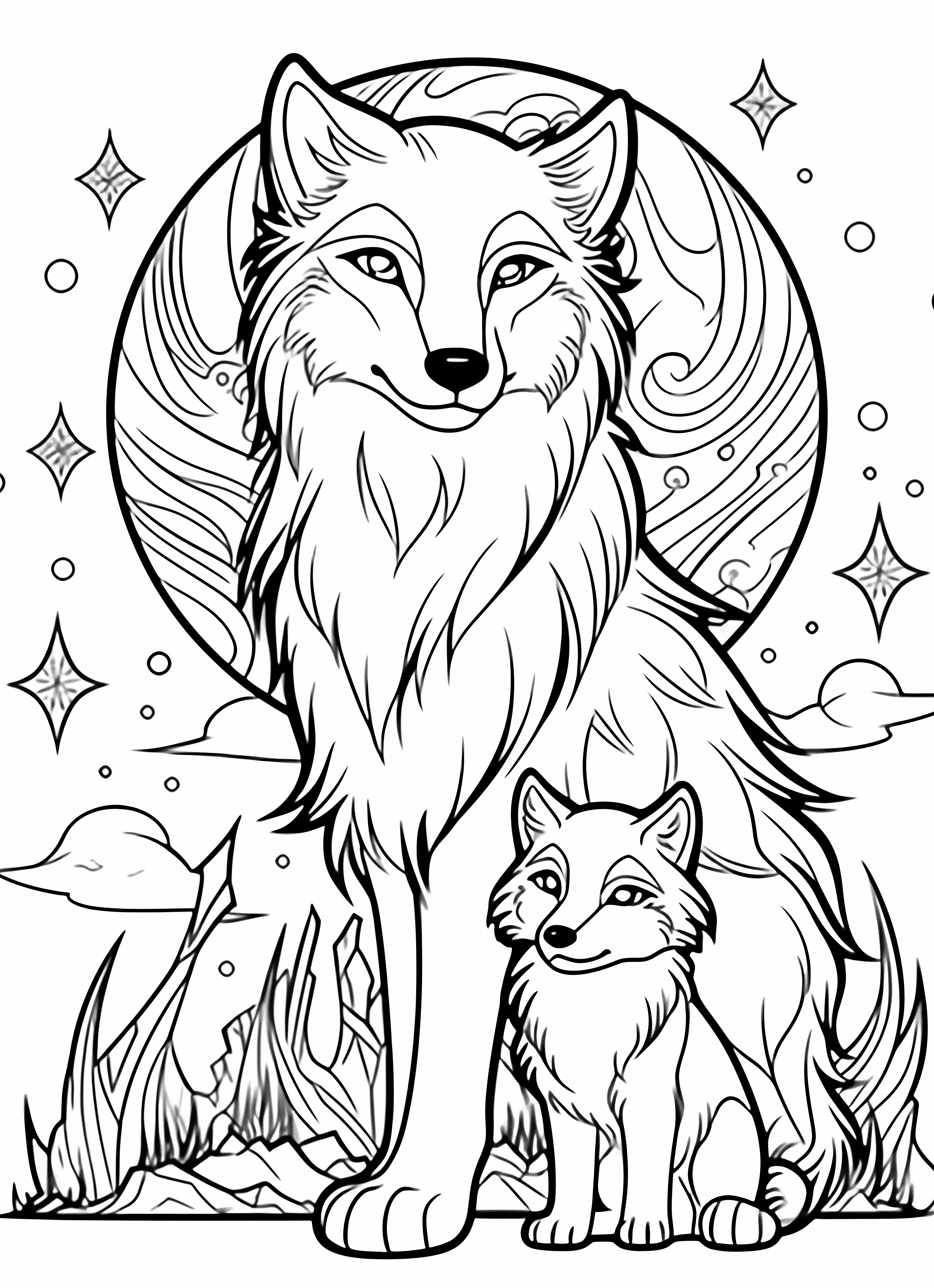 A wolf and a small pup sit beneath a round sky motif with clouds and stars.