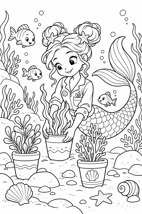 Mermaid Tending Seaweed Pots