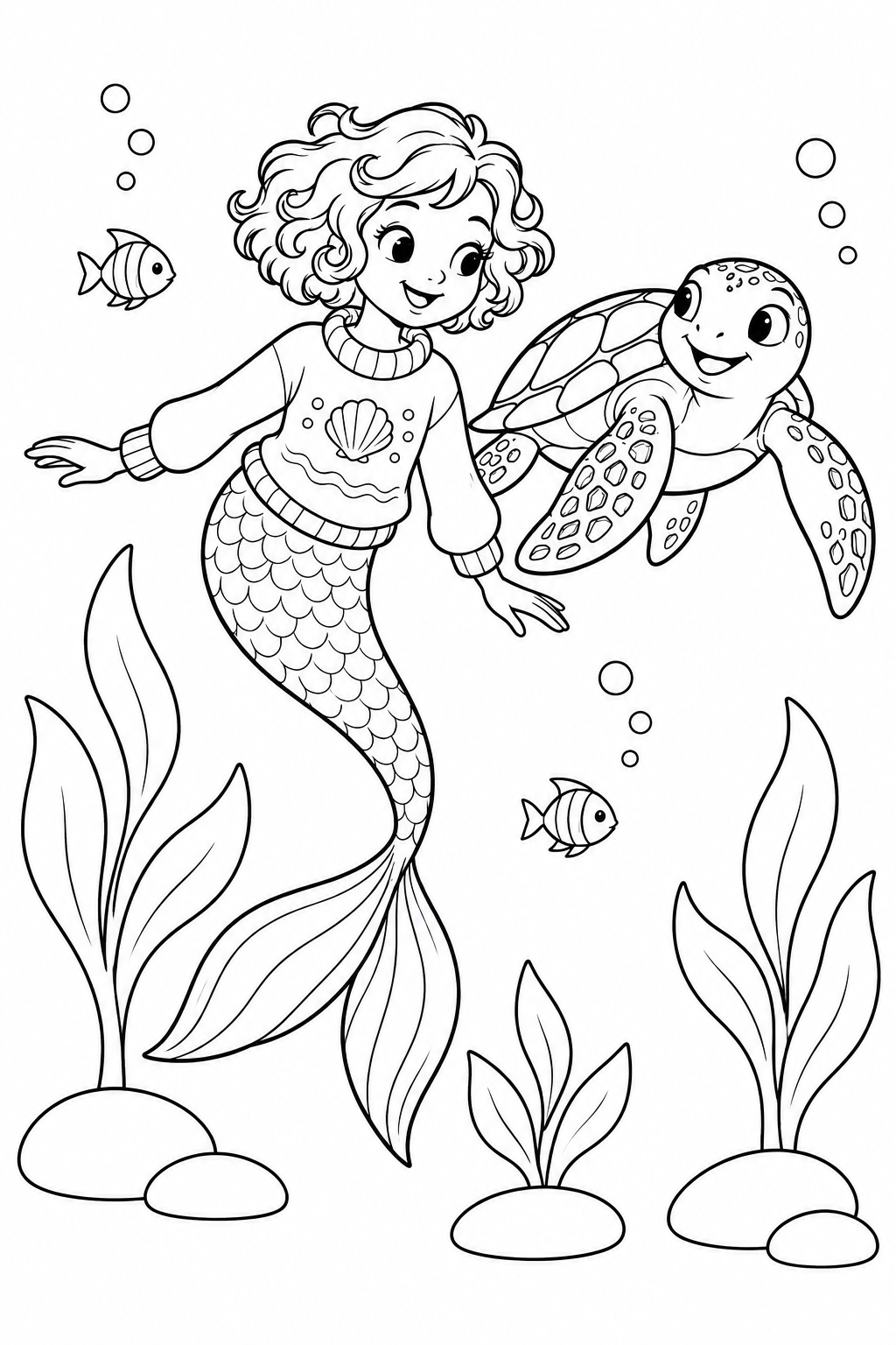 Mermaid Swimming with a Turtle